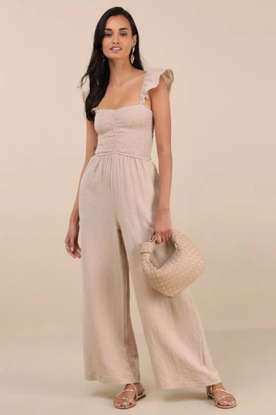 Lulus Daniyah Beige Smocked Flutter Sleeve Wide-leg Jumpsuit