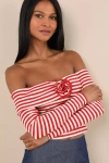 Lulus Danon Red And Cream Striped Rosette Off-the-shoulder Top In Red
