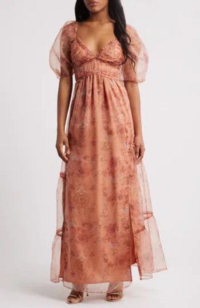 Lulus Daphne Floral Print Organza Gown In Brown