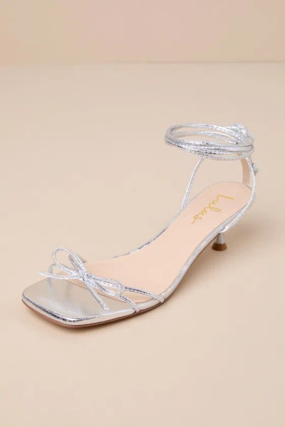Lulus Darbie Silver Textured Square Toe Lace-up Kitten Heel Sandals