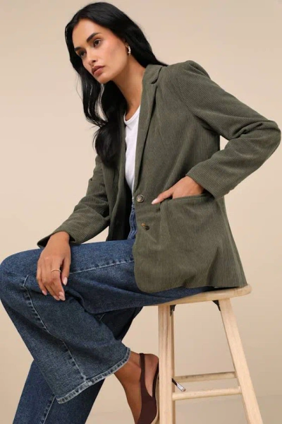 Lulus Darling Academic Olive Green Corduroy Oversized Blazer