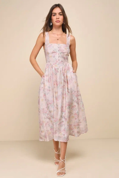 Lulus Darling Adoration Blush Pink Floral Midi Dress With Pockets