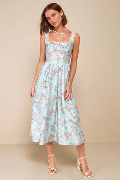 Lulus Darling Adoration Light Blue Floral Midi Dress With Pockets