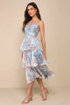 LULUS DARLING AESTHETIC LIGHT BLUE FLORAL PRINT TIERED MIDI DRESS