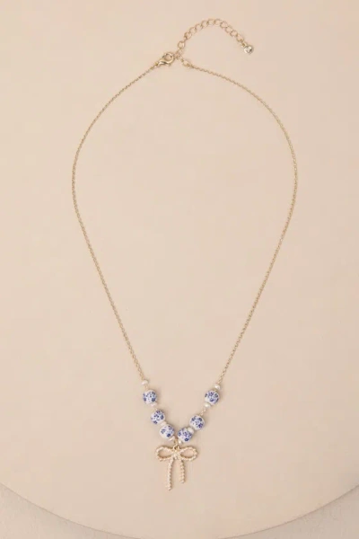 Lulus Darling Always Gold Beaded Bow Charm Necklace