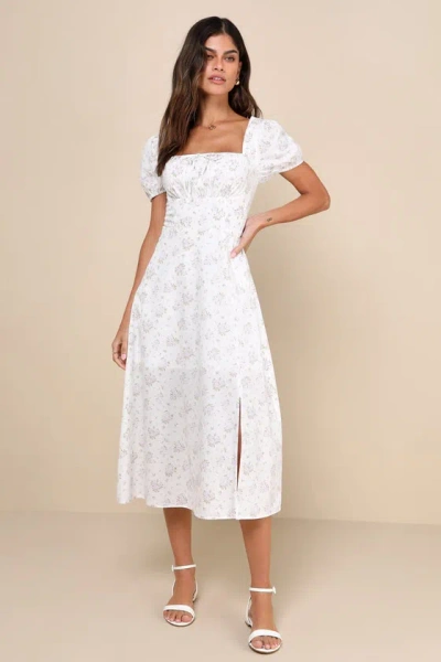 Lulus Darling Appeal White Floral Puff Sleeve Empire Waist Midi Dress