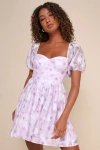 Lulus Darling Behavior Lavender Floral Burnout Puff Sleeve Mini Dress In Purple
