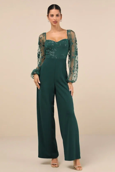 Lulus Darling Charisma Emerald Mesh Embroidered Jumpsuit In Green