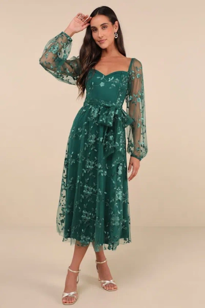 Lulus Darling Charisma Emerald Mesh Embroidered Midi Dress In Green