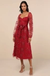 Lulus Darling Charisma Wine Red Mesh Embroidered Midi Dress In Wine Red