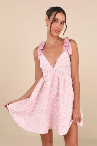 Lulus Darling Composure Pink Jacquard Floral Tie-strap Mini Dress
