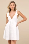 Lulus Darling Composure White Jacquard Floral Tie-strap Mini Dress In White