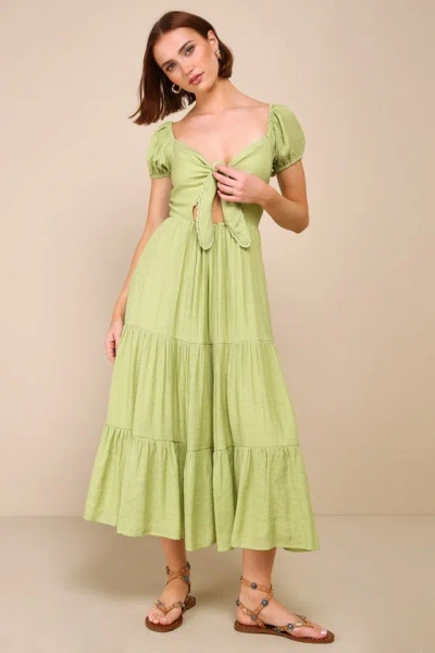 Lulus Darling Concept Green Tiered Tie-front Puff Sleeve Midi Dress