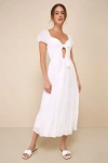 Lulus Darling Concept White Tiered Tie-front Puff Sleeve Midi Dress In White