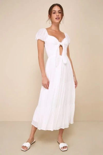 Lulus Darling Concept White Tiered Tie-front Puff Sleeve Midi Dress