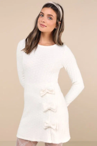 Lulus Darling Coziness Ivory Fuzzy Ribbed Knit Bow Sweater Mini Dress