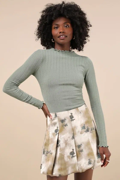 Lulus Darling Curation Olive Mottled Floral Bubble-hem Mini Skirt In Green