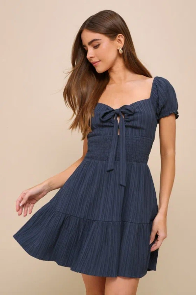 Lulus Darling Cutie Navy Blue Textured Tie-front Tiered Mini Dress
