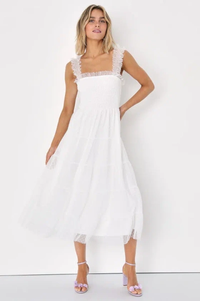 Lulus Darling Dancer White Swiss Dot Ruffled Tiered Midi Dress