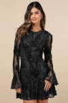Lulus Darling Era Black Lace Applique Long Sleeve Ruffled Mini Dress In Black