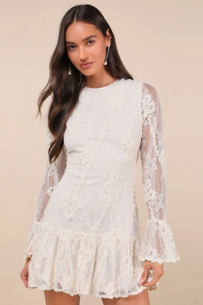 Lulus Darling Era Ivory Lace Applique Long Sleeve Ruffled Mini Dress