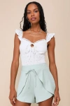 Lulus Darling Essential Light Sage Tie-front High-rise Shorts In Light Sage