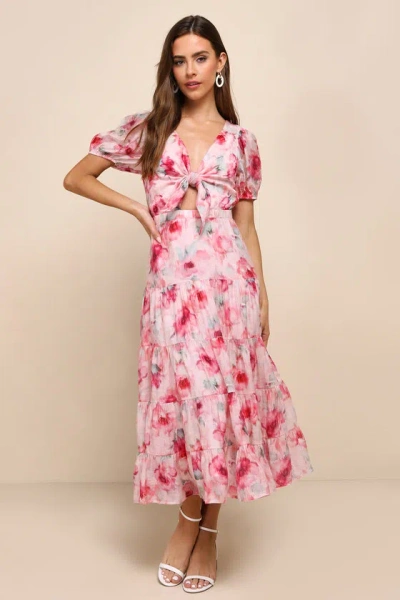 Lulus Darling Event Pink Floral Print Tiered Tie-front Midi Dress