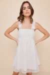 LULUS DARLING EXISTENCE WHITE SWISS DOT ROSETTE SLEEVELESS MINI DRESS