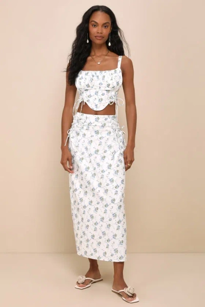 Lulus Darling Expertise White Floral Lace-up Midi Skirt