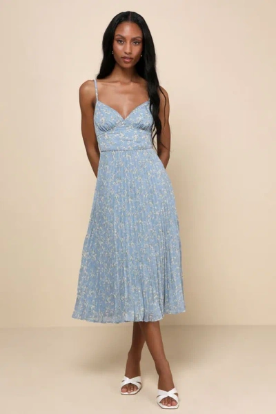 Lulus Darling Favorite Light Blue Floral Sleeveless Pleated Midi Dress