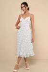 Lulus Darling Favorite White Floral Sleeveless Pleated Midi Dress In White