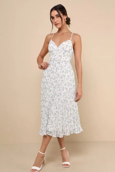Lulus Darling Favorite White Floral Sleeveless Pleated Midi Dress