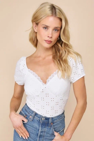 Lulus Darling Feeling White Embroidered Lace Short Sleeve Top