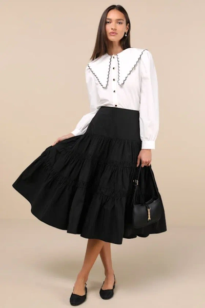 Lulus Darling Flourish Black Tiered High-rise Midi Skirt