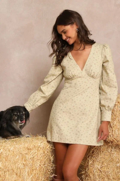 Lulus Darling Girl Beige Floral Twill Long Sleeve Mini Dress