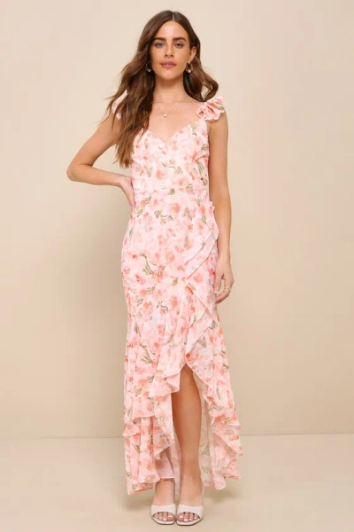 Lulus Darling Glow Peach Pink Floral Ruffled High-low Maxi Dress