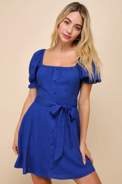 Lulus Darling Impulse Cobalt Blue Linen Button-front Skater Mini Dress