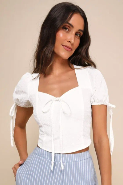 Lulus Darling Intention White Textured Bow Puff Sleeve Top