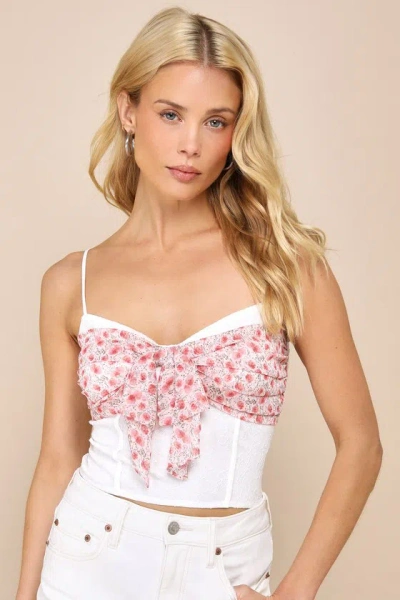 Lulus Darling Mentality Ivory Floral Mesh Bow-front Crop Top