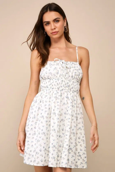 Lulus Darling Mindset Ivory Floral Print Sleeveless Mini Dress In White