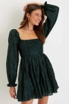 Lulus Darling Persona Emerald Green Jacquard Puff Sleeve Mini Dress In Emerald Green