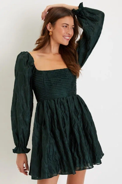 Lulus Darling Persona Emerald Green Jacquard Puff Sleeve Mini Dress