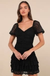 Lulus Darling Persuasion Black Lace Puff Sleeve Tiered Mini Dress In Black