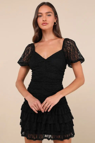 Lulus Darling Persuasion Black Lace Puff Sleeve Tiered Mini Dress