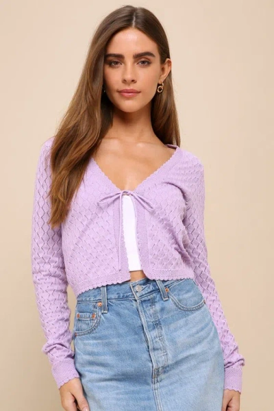 Lulus Darling Pick Lavender Pointelle Knit Cropped Cardigan Sweater In Purple