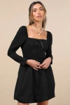 Lulus Darling Picture Black Bow Long Sleeve Bubble Hem Mini Dress In Black