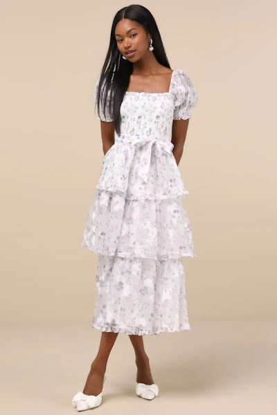 Lulus Darling Posture White Floral Tiered Puff Sleeve Midi Dress