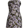 Lulus Darling Sensation Black Floral Jacquard Strapless Mini Dress In Black/purple/green