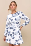 Lulus Darling Simplicity White And Blue Floral Linen Cutout Mini Dress In White And Blue