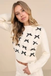 Lulus Darling Sophistication Ivory Cable Knit Bow Crew Neck Sweater In Ivory